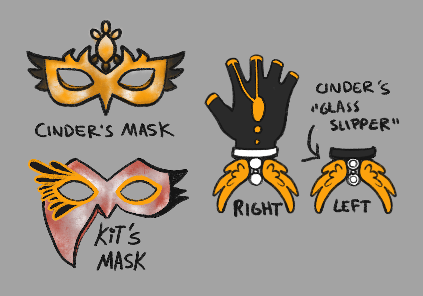 Drawings that show off elements of Cinder and Kit's masquerade outfits. On the top left is Cinder's mask, a gold piece that goes over the eyes and features exaggerated eyelashes and a jewel on the forehead between the eyes. On the bottom left is Kit's mask, a silvery-red piece with exaggerated lashes on the right side. The left side extends down to cover the wearer's cheek, and the eyes are lined with gold. There black feather-like shapes extending from the left side, outlined in gold. In the middle of the image is a single black fingerless glove with gold details on the top of the hand extending to around the finger holes. At the wrist is a white band with two small gold wings attached. On the right is the accessory that pairs with the glove and parallel's Cinderella's glass slipper. It is a black wristband with two small gold wings attached.