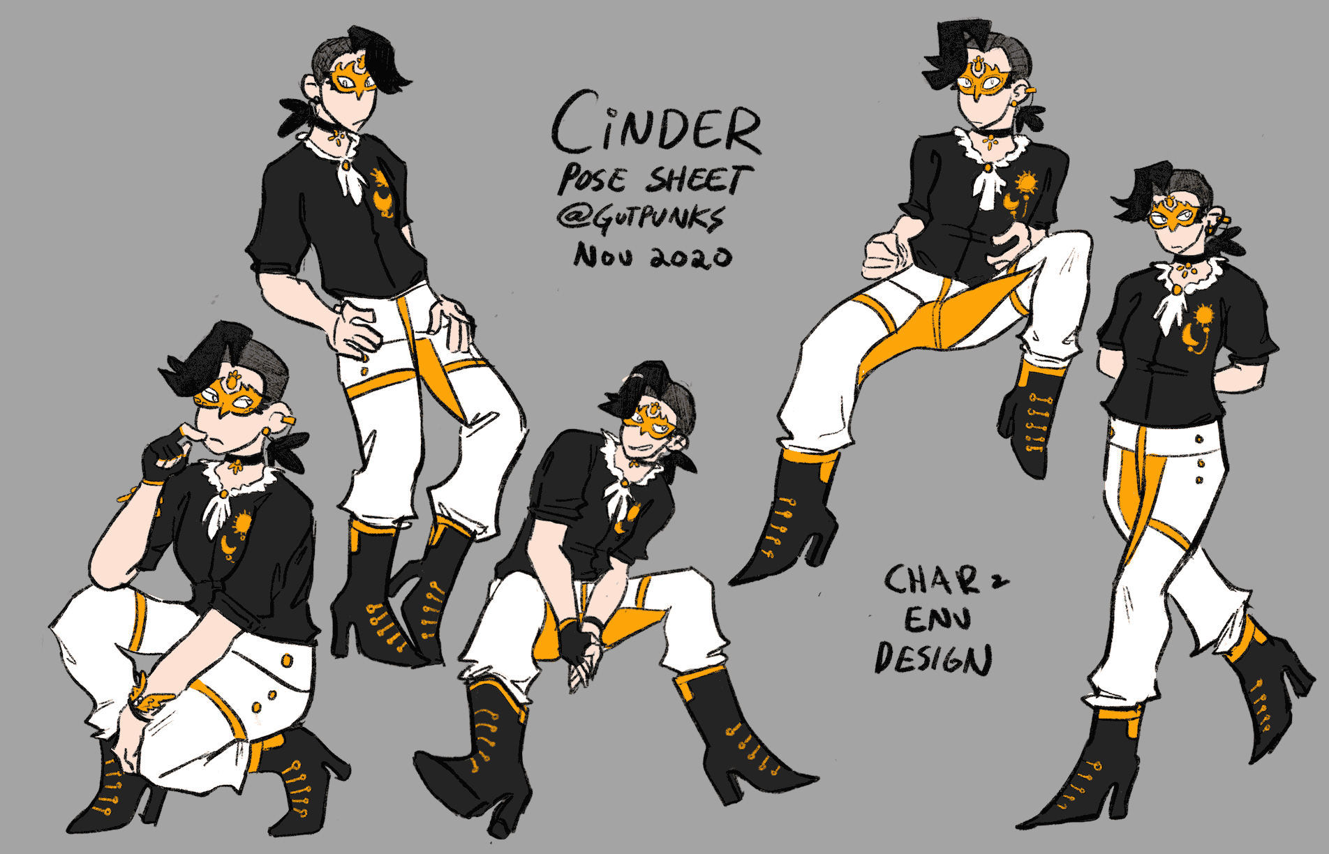 From left to right: 1) Cinder kneeling thoughfully 2) standing and leaning back casually 3) sitting and leaning forward while smirking at something 4) relaxed sit but looking up, as if someone just interrupted a conversation to tell her something 5) casual walk with RBF.