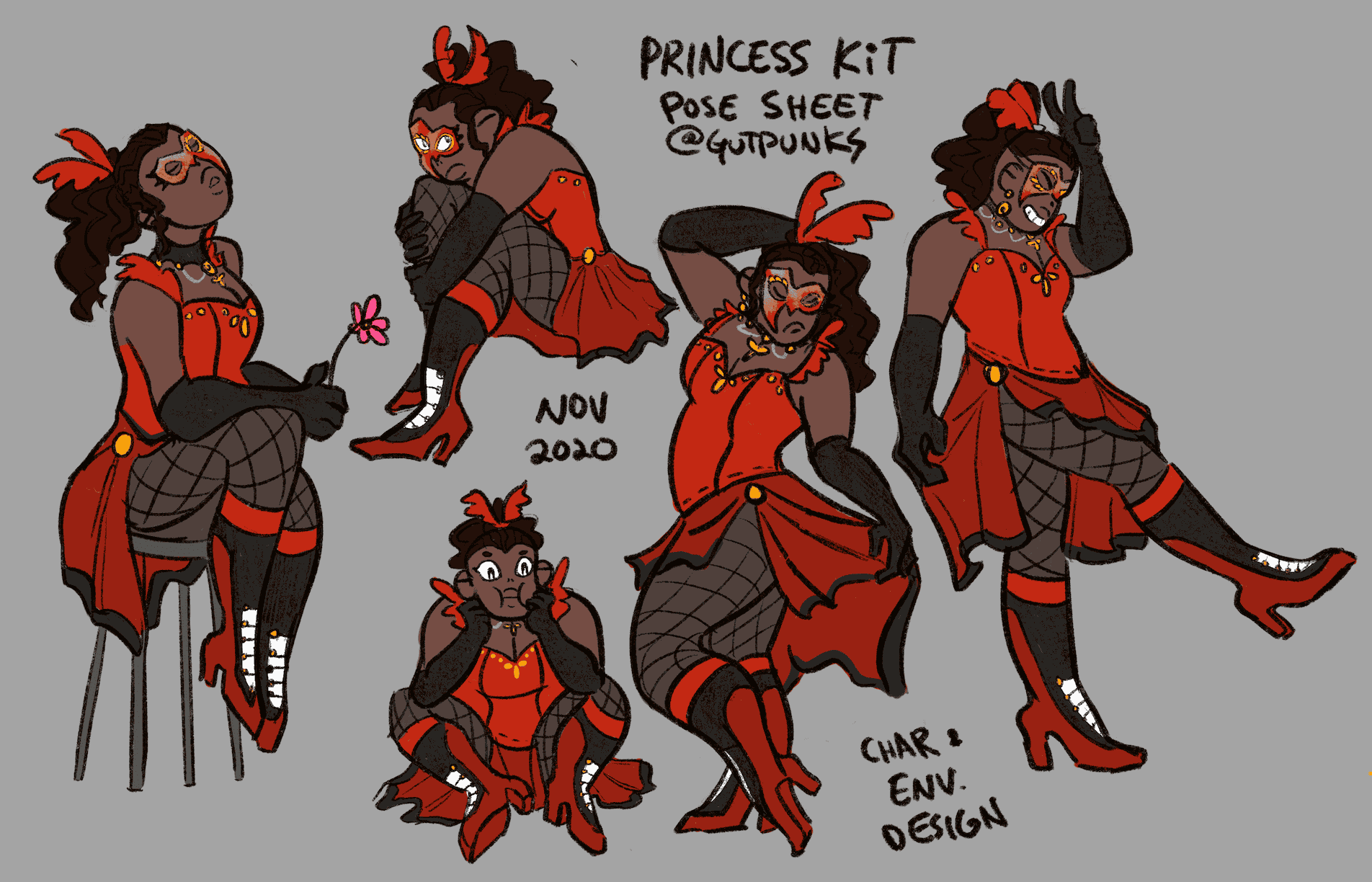From left to right: Kit sitting on a stool holding a flower, sitting with her arms around her knees (side view), front view of Kit sitting with her elbows on her knees, a graceful mid-dance pose, and a fun walk pose.