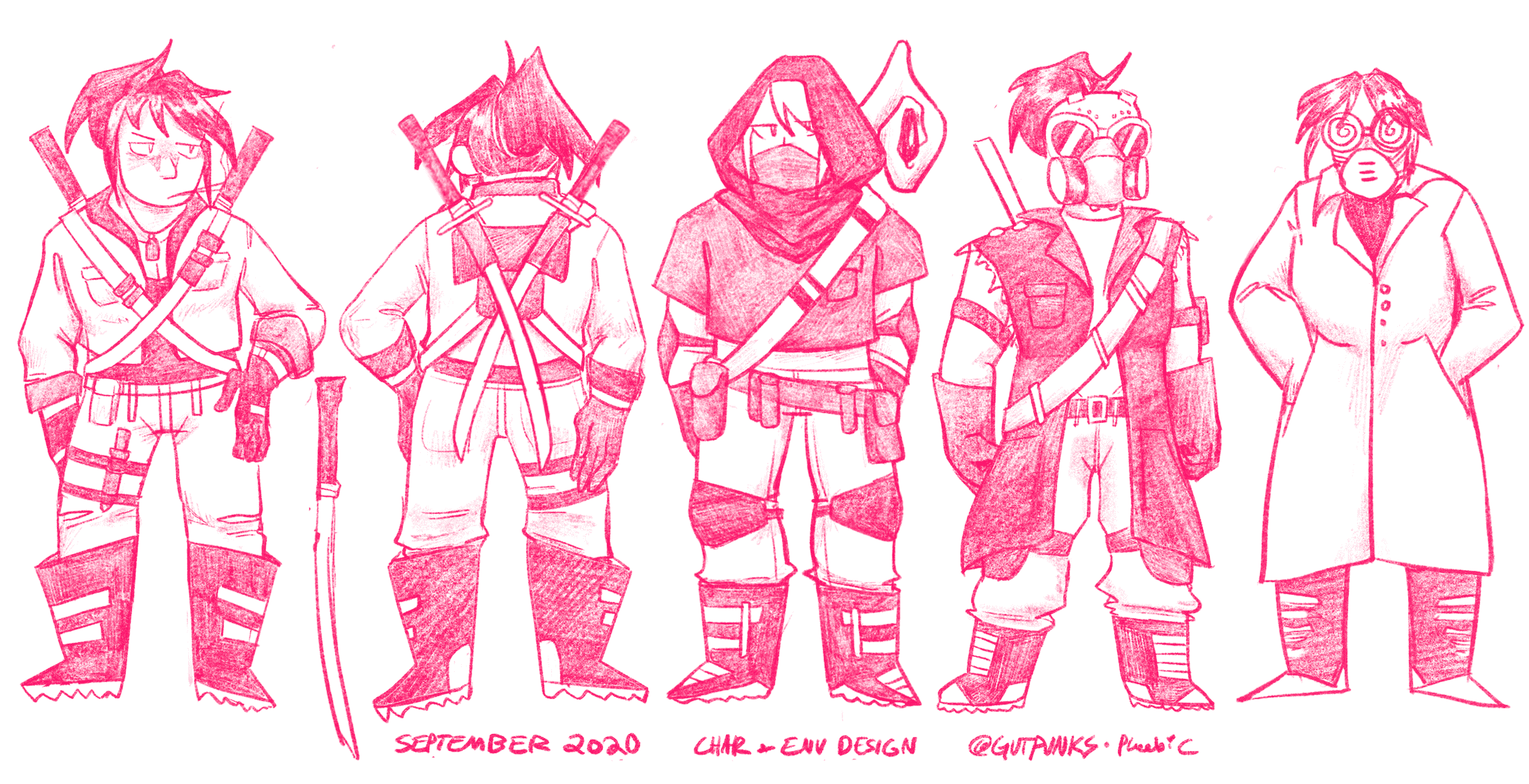 5 pink drawings of a monster hunter design against a white background. The first two are a front and back of one outfit, while the other three are different outfit variations.