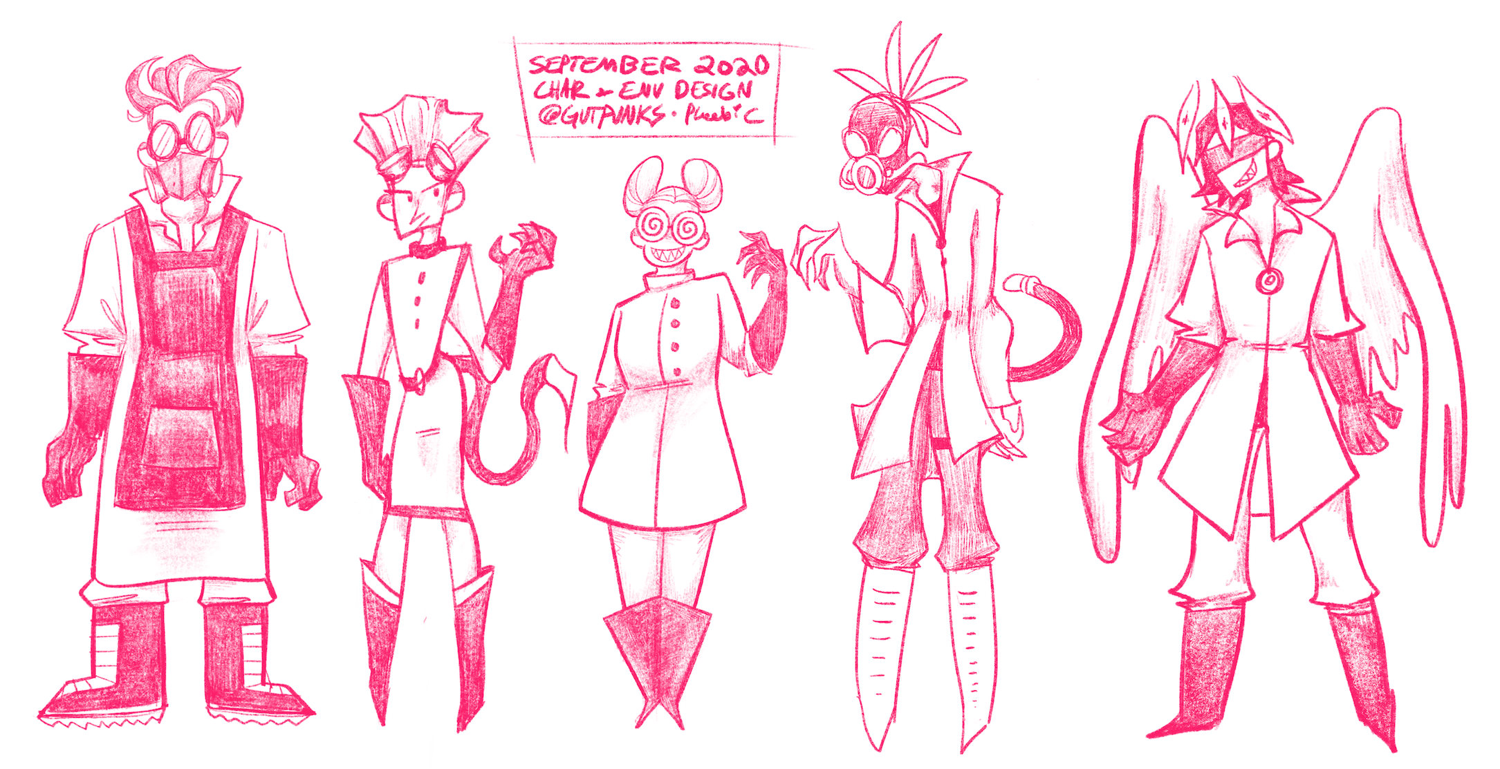 5 pink drawings of a mad scientist design against a white background. They vary in height and stature.